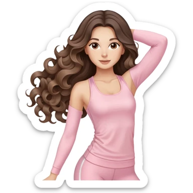 beautiful brunette with a light balayage white girl with nice defined and long curls , very long hair, clean girl makeup STRETCHING IN LIGHT PINK GYM sticker