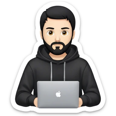 hackeur blanc cheveux noir barbe et capuche noir avec un macbook sticker