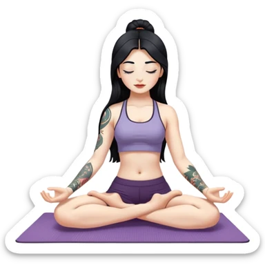 Yoga girl on a mat with white skin, long black hair and eyes closed, with just left arm tattooed sticker