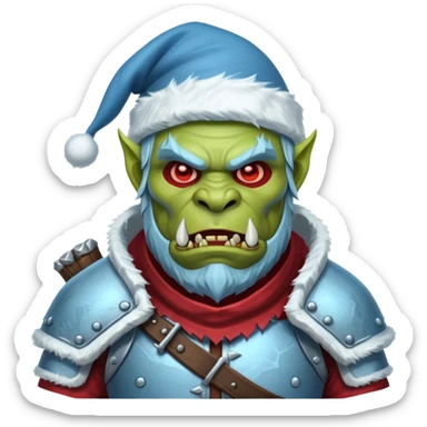 
Fantasy Christmas orc legion soldier icon, iron tundra army theme, heavy winter armor, disciplined brutal look, icy blue steel armor with deep crimson accents, frozen metal texture, cold winter atmosphere, male variant sticker