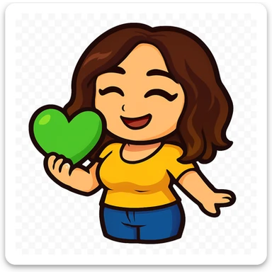 Sticker style chibi emote, matching the attached green heart emote as a base, but with a slightly skinnier body and a bigger chest. Woman from reference, yellow blouse and blue jeans, laughing with eyes closed, cute happy face, no headband, no wand, transparent background. Top color should not match jeans. sticker