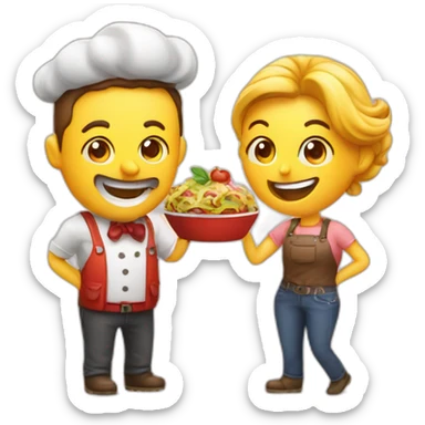 food photographers man and woman happy. Camera and food sticker