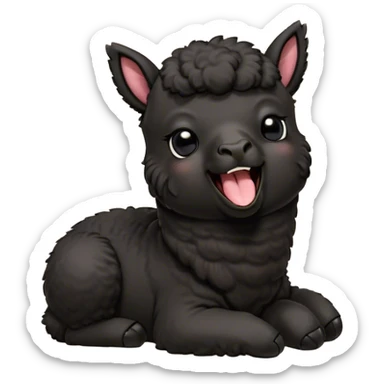 Cinematic Cute Yawning Black Alpaca Portrait Emoji, Head tilted slightly with a dramatic, wide-open yawn, showcasing a soft, plush jet-black fleece with gently drooping ears, round dark eyes barely open in drowsy contentment, Simplified yet irresistibly adorable features, highly detailed, glowing with a soft, cozy glow, high shine, relaxed yet expressive, stylized with a touch of whimsy, bright and endearing, soft glowing outline, capturing the essence of a sleepy yet affectionate alpaca, so drowsy it feels like it could stretch out of the screen and curl up for a nap! sticker