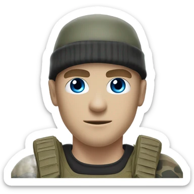 White male, call of duty black mask, camo tactical gear, combat boots, black beanie, blue eyes sticker