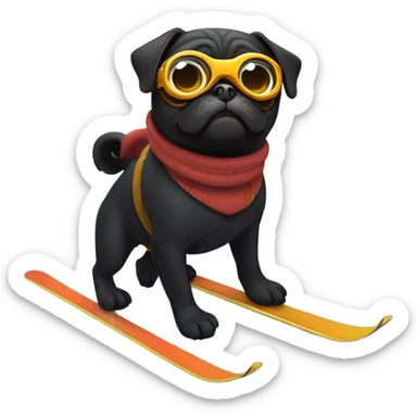 Black pug with a curly tail and goggles skiing on a snowy mountain sticker