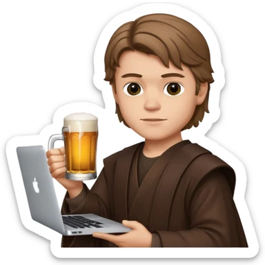 Anakin skywalker holding a beer and a macbook sticker