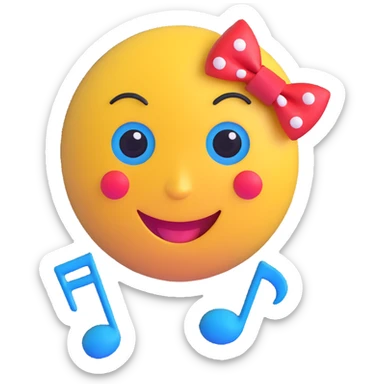 3D smiley emoji, large eyelashes, red polka dot bow, sad, teary eyes, blue eyes, musical notes sticker