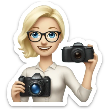 Elegant real blonde girl with glasses smiling blue eyes taking pictures with a camera  sticker