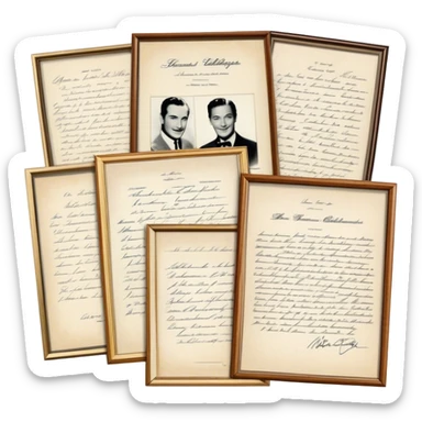 Icon for Autograph Collecting: several vintage framed with signatures of famous celebrities sheets stacked one on top of the other, each . The icon should evoke the charm and history of collecting autographs. Transparent background. sticker