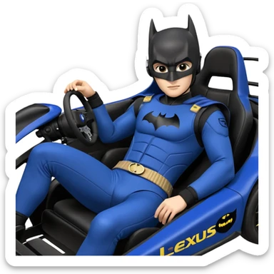 scale real-appearance road racing sexy muscular Batman’s masculine midnight-colored tight outfit 1970’s tv style dark knight stealthy accurate sporty safe plush deluxe off-road pursuit drifting F1 car lexus (black hair,reclining and relaxed torso and shoulders back against seat) rallycross kart  sticker
