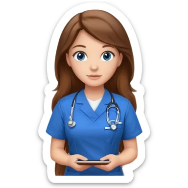 inside a classroom at university that says nursing school on the board with a pretty female nursing student with long brown hair, blue eyes sticker