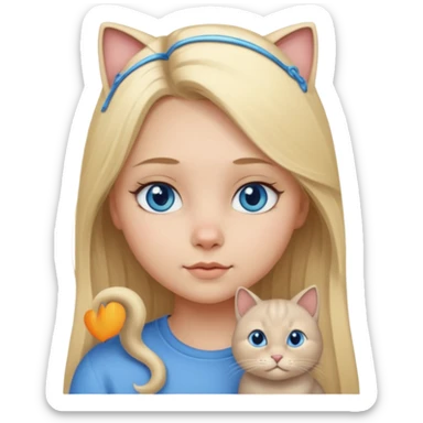 blonde girl with long blonde hair and blue eyes with chubby gray cat sticker