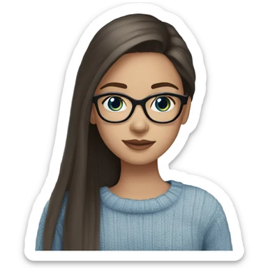 light skin, dark brown hair, blue eyes, long straight hair, girl wearing aesthetic sweater, glasses sticker
