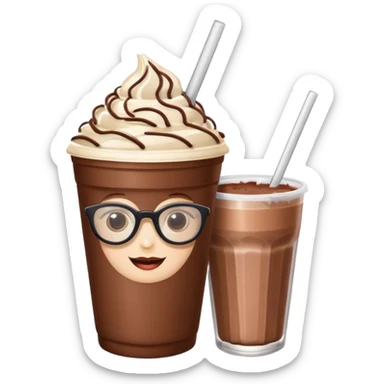 chocolate milkshake in a take-out cup with glassess and long lashes sticker