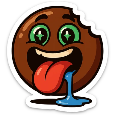 exaggerated glossy cartoon emoji, chocolate brown round face, expressive green eyes with sparkles, wide open mouth with a bite missing, red tongue out, blue drool dripping and pooling, intense food craving, bold and eye-catching, clean white background, food brand mascot style sticker