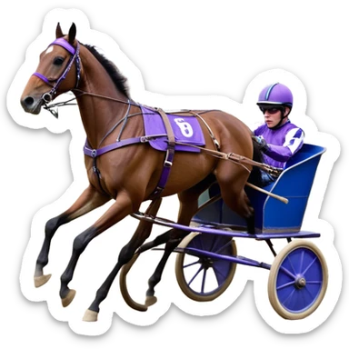 A high-speed harness racing scene featuring a powerful brown trotting horse. The sulky, a lightweight two-wheeled cart, is painted in blue and attached to the horse’s harness. A jockey, dressed in purple, is seated in the sulky, gripping the reins tightly and wearing a purple helmet with goggles. sticker