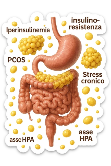 STOMACO E INTESTINO SONO VERTICALMENTE COLLEGATI E INTORNO A QUESTI ORGANI CI SONO CELLULE DI GRASSO GIALLE ATTACCATE SOPRA A GRAPPOLI, intorno fluttuano cellule di grasso giallo e alcune targhette con queste parole "Iperinsulinemia", "insulino-resistenza", "PCOS", "Stress cronico", "asse HPA", IPERREALISTICO 4K sticker
