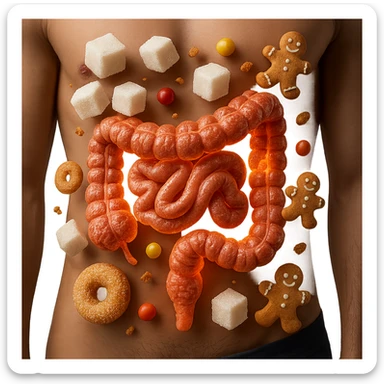 Make the sugars much more evident and recognizable in hyperrealism style, keep the inflamed intestinal microbiota, 4K resolution, transparent background. sticker