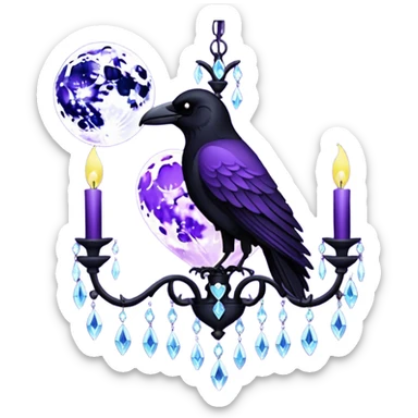purple heart with a black raven, moon, and chandelier, dark romance sticker