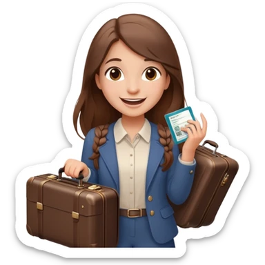 Excited smiling sweetly 🥹🥰🦋 Girl with long brown hair with a suitcase, ready for travel, passport in hand and butterflies around her elegant sticker