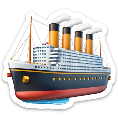 A miniature 3D Titanic ship emoji in Apple style, small and compact with smooth glossy surface, bright clean colors, simplified but recognizable details like smokestacks and windows, no facial features, floating on calm ocean, soft shadows, high-quality render, isolated on white background.



 sticker