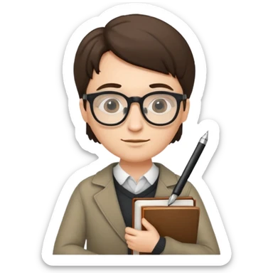 writer holding pen and book, wearing glasses sticker