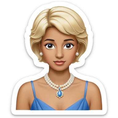black woman with Princess Diana's iconic short blonde hairstyle, pearl necklace, and elegant blue dress sticker