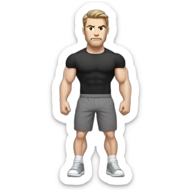 Angry Pale skinned Fit Man With the biceps and dark brown hair in black shirt, gray sports shorts and white Sneakers sticker