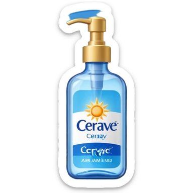 White CeraVe bottle with blue label and yellow “AM” badge, topped with a pump. Surrounded by radiant sun sparkles, soft UV-deflecting light rings, and a blue protective glow. Feels like a daytime skin shield potion in a sleek, glossy bottle. sticker