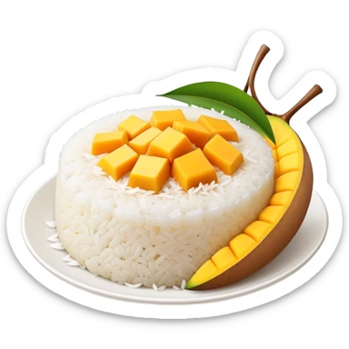 cinematic-realistic-mango-sticky-rice-dessert-emoji,-showcasing-sweet-sticky-rice out of a mould-paired-with-ripe-mango-slices-and-coconut-milk-rendered-with-lifelike-detail-and-warm,-inviting-lighting with the coconut  milk over the rice sticker
