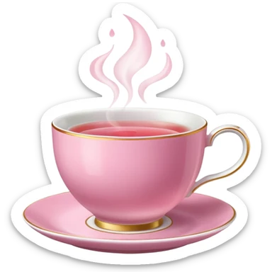 pink teacup filled with tea, placed on a matching pink saucer, with gentle steam rising from the cup.  sticker