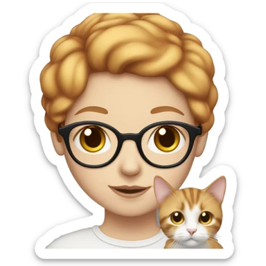 White skin, short strawberry-blonde haired girl with glasses holding calico cat sticker