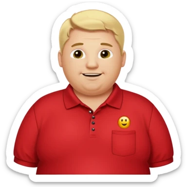 Fat blonde man missing front teeth in red polo and black pants with a text bubble saying hi I’m Preston the alignment tech  sticker