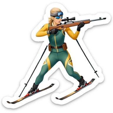 An icon featuring snow-covered trees, distant mountains, and a clear blue sky with a biathlete in motion, holding a rifle and skiing across a snowy course. Transparent background highlights the precision, endurance, and excitement of biathlon. sticker