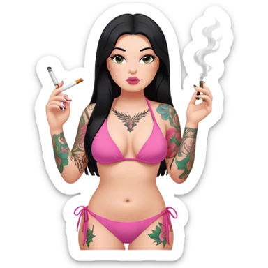 caucasian curvy girl, with tattoos, in pink bikini, smoking, with a long straight black hair  sticker