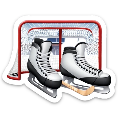 An icon showing a close-up of a hockey stick, puck, skates, and hockey net placed on the ice. The background features a packed stadium with bright lights, cheering fans, and snowy scenery outside. Transparent background highlights the key elements of the game. sticker