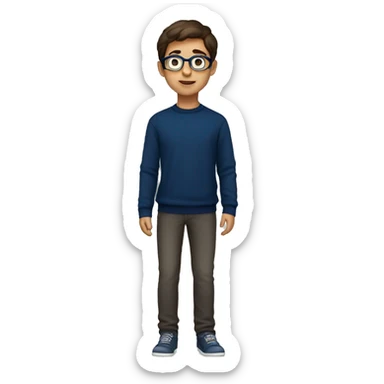 winter, christmas, young boy, short  brown hair, brown eyes, hispanic, dark blue sweater, full body, blue glasses sticker