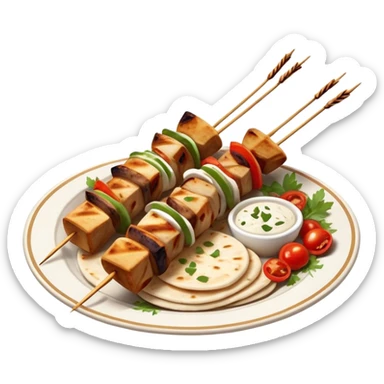 cinematic-realistic-souvlaki-dish-emoji,-showcasing-skewered,-grilled-chicken-with-mediterranean-spices-rendered-with-dynamic-textures-and-warm,-appetizing-lighting on pita bread on a plate sticker