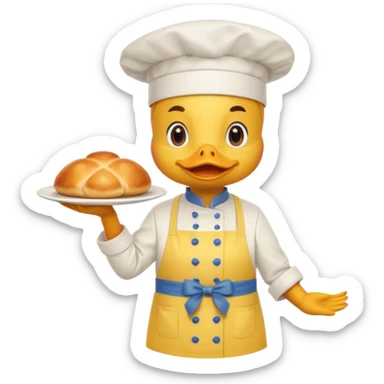 A duck in chef hat presenting a plate of fancy cuisine proudly wearing yellow apron sticker