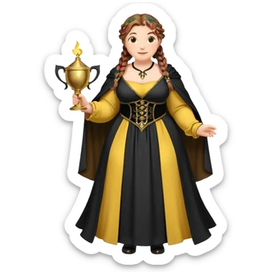 Helga Hufflepuff,brown-haired,2 braids,yellow-black medieval open dress,deep neckline,fat macromastia,black cloak decorated with gold braiding,gold cup with two handles,wand,very kind smile,curvy busty sweet woman,round rosy cheeks,full length with medieval shoes sticker
