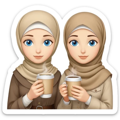 Turkish beautiful finish Konya two girls blue eyes with beige denim hijab islamic dress and had on her hand hot coffee   sticker