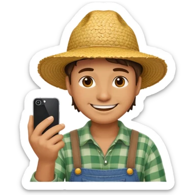 a smiling farmer emoji in a straw hat using a smartphone sticker