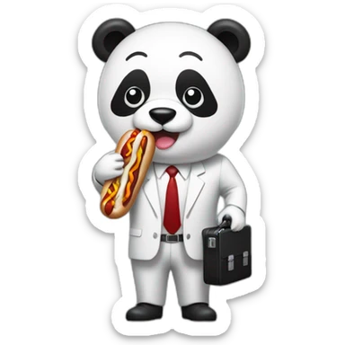 A professor with white suit and red tie and a panda face eating a hotdog and holding a black suitcase sticker