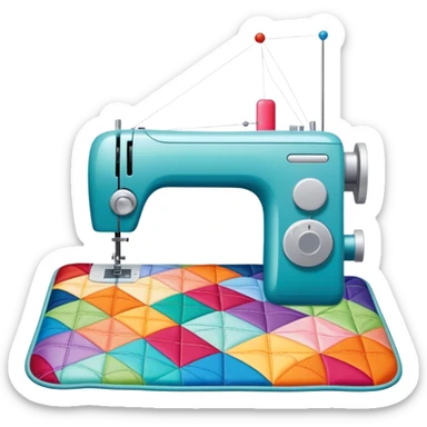 Patchwork and quilting icon, colorful fabric patches sewn together in a quilt pattern, sewing needle and thread, quilting tools like rotary cutter and quilting hoop, minimalistic style, clean lines, transparent background. sticker