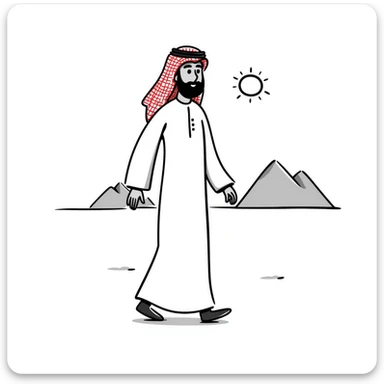 Arab man walking in desert, wearing white thobe and red checkered keffiyeh sticker