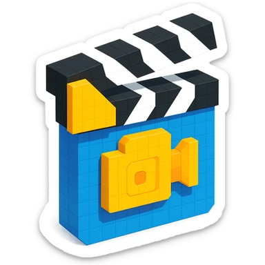 voxel style movie clapperboard with a camera icon, isometric view sticker