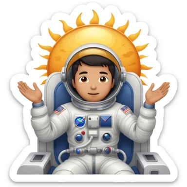 Asian man wearing in astronaut wakeup from the bed with a sun sticker