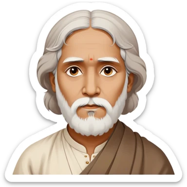 Rabindranath Tagore – Cinematic Realistic Portrait of Rabindranath Tagore, depicted with thoughtful, soulful eyes and gentle features, dressed in traditional Bengali attire with subtle artistic motifs, bathed in warm, soft lighting that evokes his poetic genius and timeless wisdom. sticker