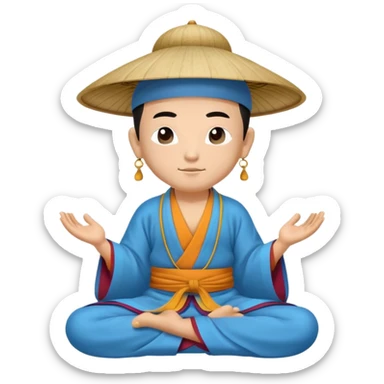 Tibetan monk in Asian hat floating in lotus pose in blue kimono sticker