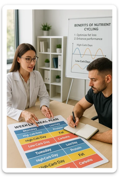 a nutritionist explains to an athlete how to cycle macronutrients for fat loss and training. On the desk, a weekly meal planner shows alternating high-carb and low-carb days, with color-coded sections for proteins, fats, and carbs. The athlete takes notes, and a chart in the background illustrates the benefits of nutrient cycling. The mood is professional and educational. scritto in italiano sticker